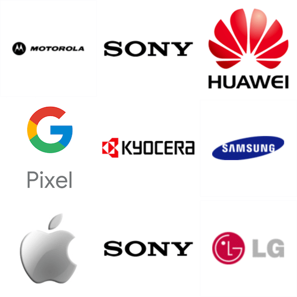 Motorola, Sony, Huawei, Google Pixel, Kyocera, Samsung, Apple, Sony, LG